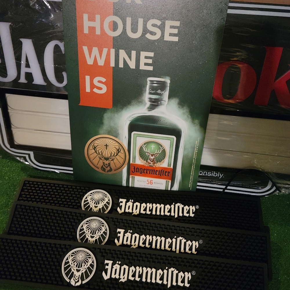 Jagermeister sign and bar matts